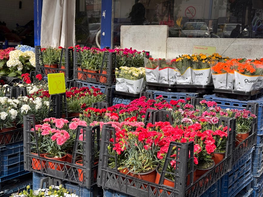 An outdoor display of various potted flowering plants arranged on black plastic crates in front of a storefront. The flowers include pink, red, white, yellow, and orange blooms, with some in paper wra